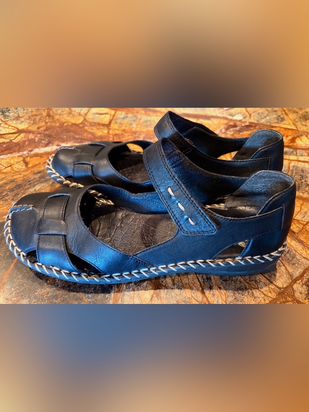 Rieker Black Mary Jane Leather Walking Sandals with Braided Sole Trim - Picture 3 of 8